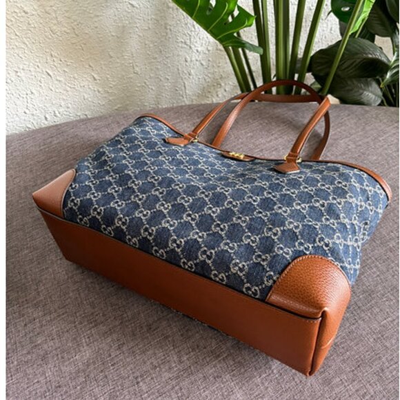 Gucci Ophidia GG Jacquard Denim Blue Brown Tote Bag Italy Leather Handbag New - Picture 3 of 15